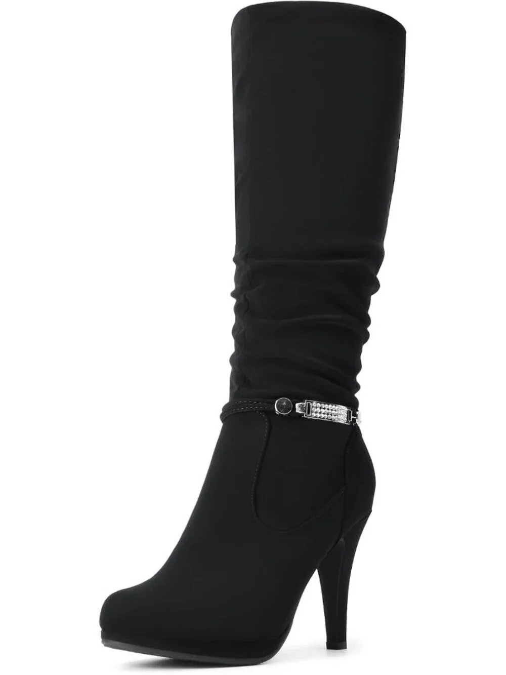 Women's Black Stiletto Heel Rhinestone Chain Side Zipper Knee High Boots
